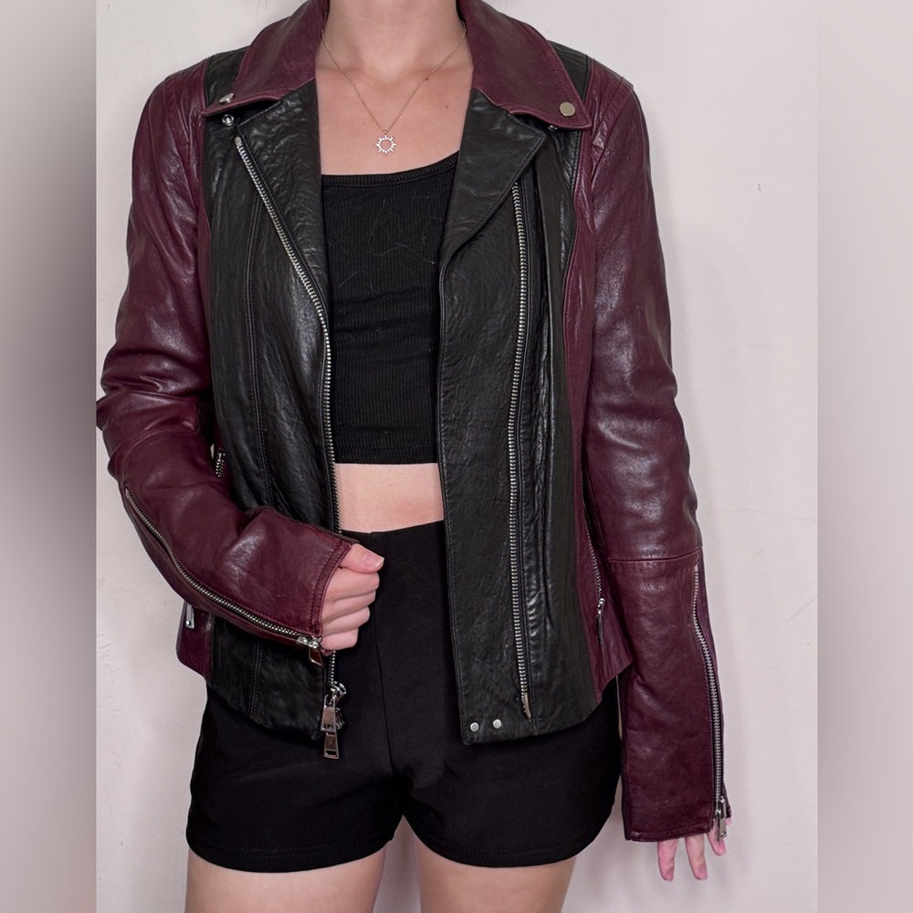 Vince Deep Purple and Black Leather Jacket